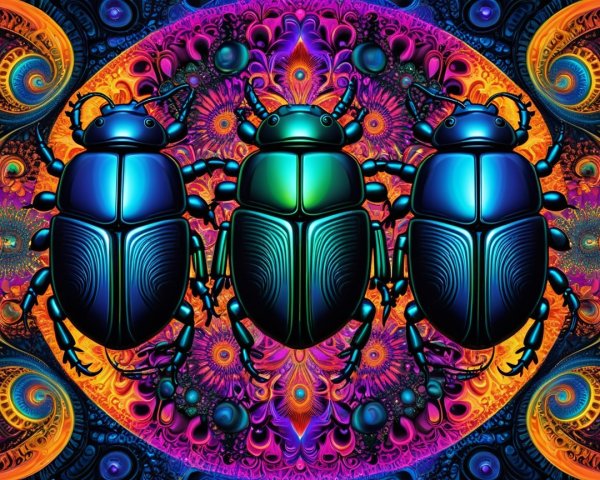 Stylized Beetles in Vibrant Psychedelic Background
