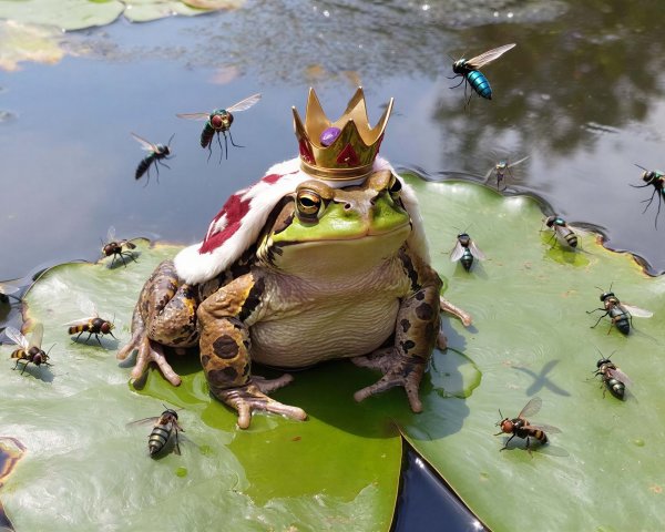 Frog in Crown on Lily Pad Surrounded by Colorful Insects