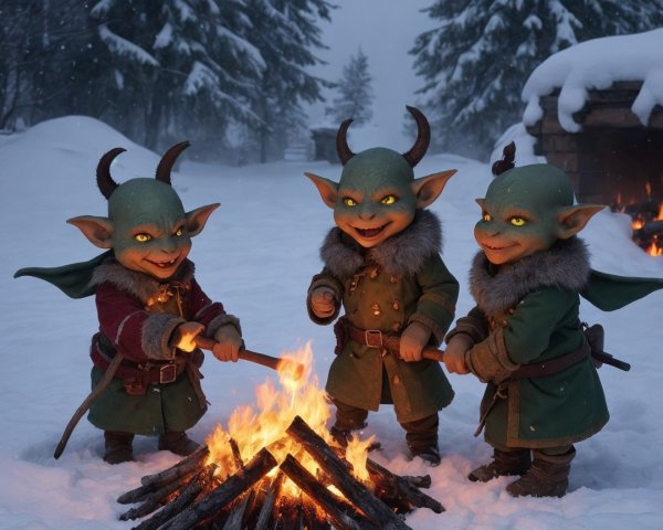 Imps by a Campfire in a Snowy Winter Landscape