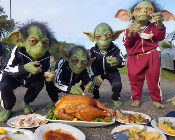 Goblin-like figures in tracksuits at a feast outdoors