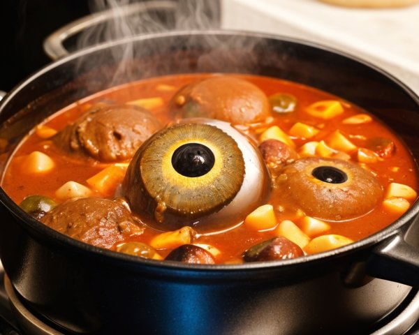 Halloween Stew with Eyeball Garnish in Black Pot