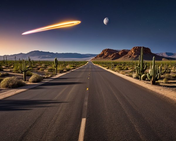 Desert Road with Cacti and Twilight Sky Features