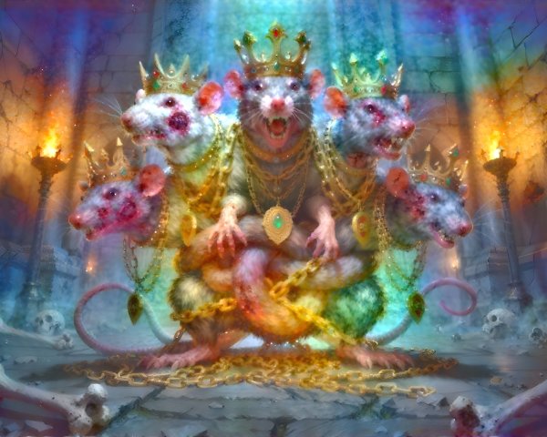 Fantasy Painting of a Five-Headed Rat King in Crypt