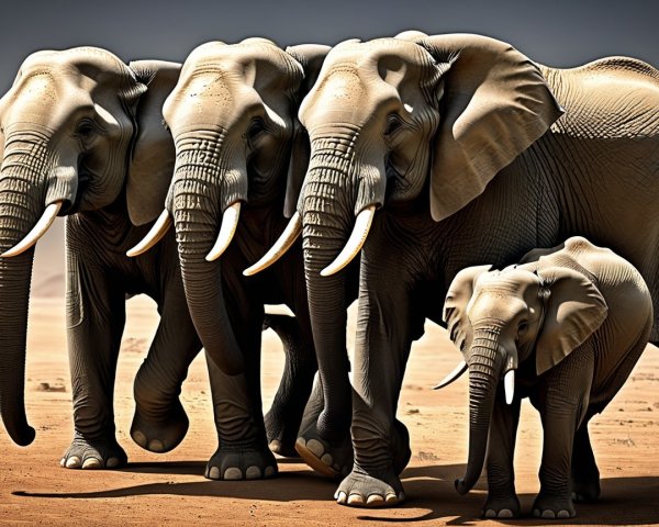 Elephants Walking in Line Against Sandy Backdrop