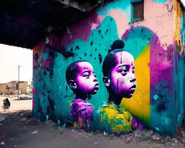 Vibrant Street Art Mural of Two Children's Faces