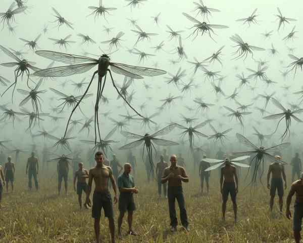 Group of Shirtless Men with Mosquito Heads in Grass