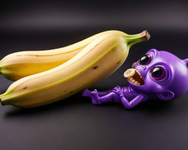 Playful Purple Alien with Bananas in Whimsical Scene