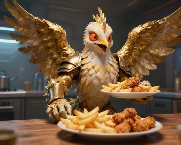Golden Griffin Creature in Kitchen with Food Plates