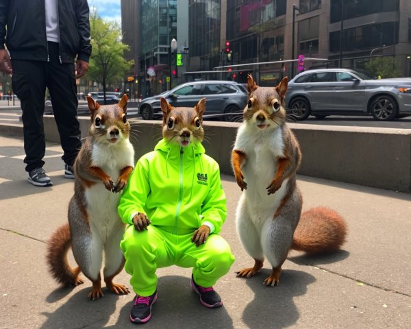 Photorealistic Squirrels in Urban Street Scene