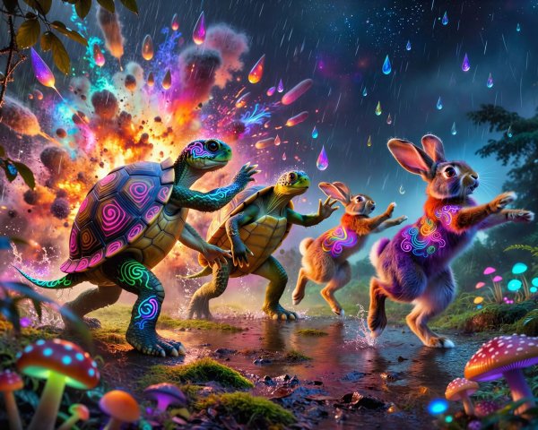 Stylized Turtles and Rabbits in Enchanted Forest
