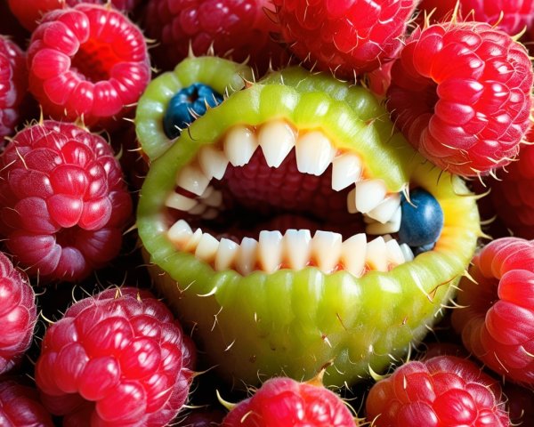 Whimsical Fruit Scene with Green Mouth and Raspberries
