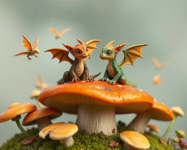 Baby Dragons on Orange Mushroom in Enchanting Forest