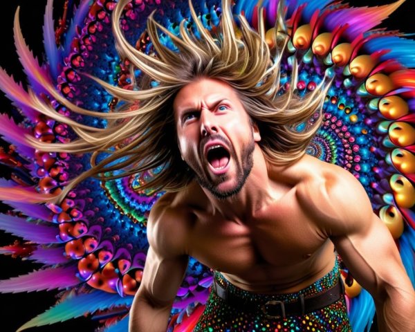 Muscular Man with Long Hair in Colorful Fractal Background