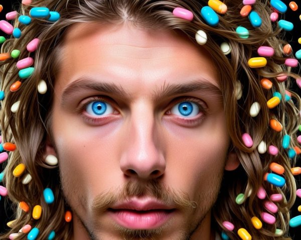 Close-up Portrait of Young Man with Colorful Pills