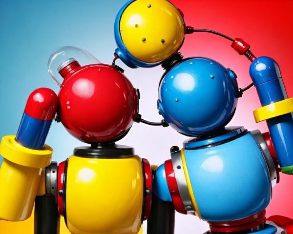 Colorful Robot Figures in Playful Embrace