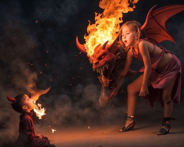 Children and Dragon in Smoky Dark Room Scene