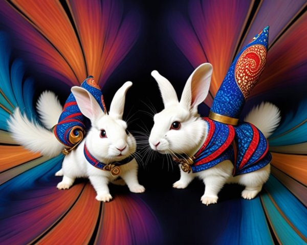 Whimsical White Rabbits in Vibrant Outfits and Colors