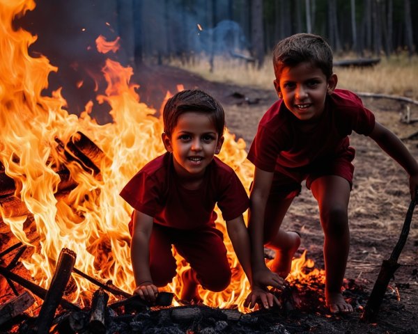 Boys in Red Shirts Play by Campfire in Forest
