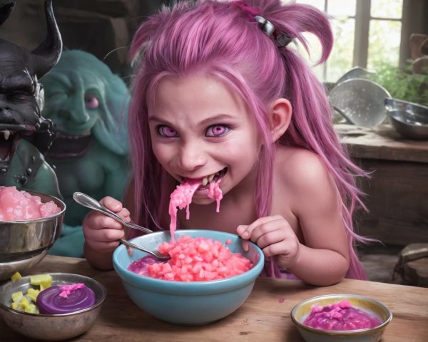 Close-up of a girl with pink hair eating pink mush