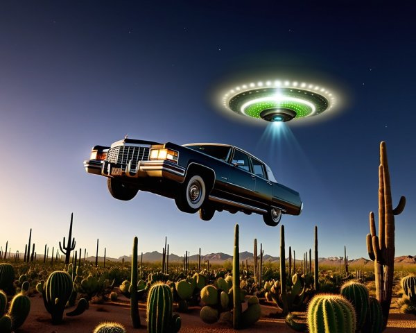 Classic Cadillac in Mid-Air Above Desert Landscape