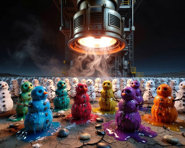 Dramatic Scene of Melting Snowmen Under Heating Lamp