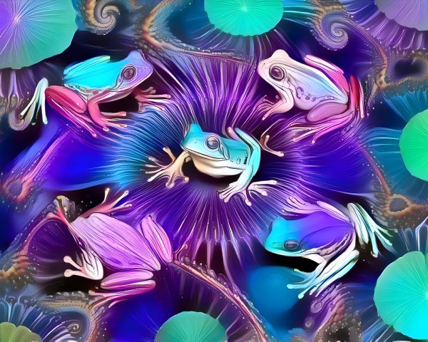 Surreal Composition of Colorful Frogs in Abstract Setting