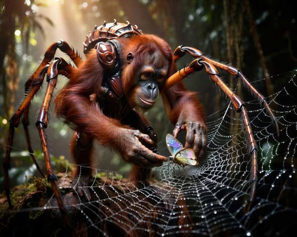 Orangutan in Exosuit Holding Butterfly in Forest