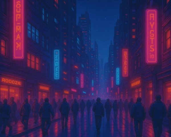 Vibrant Urban Street Scene with Neon Lights and Silhouettes