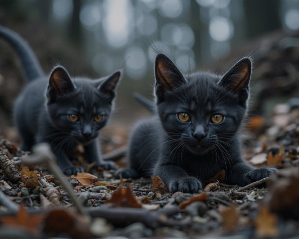 Black Kittens Exploring a Leafy Forest Floor