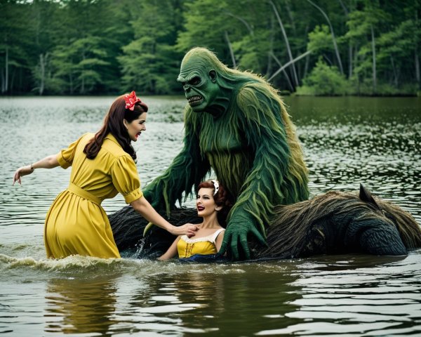 Women in Yellow Dresses with Water Creature in Lake
