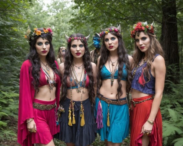Women in Colorful Outfits in Forest Setting
