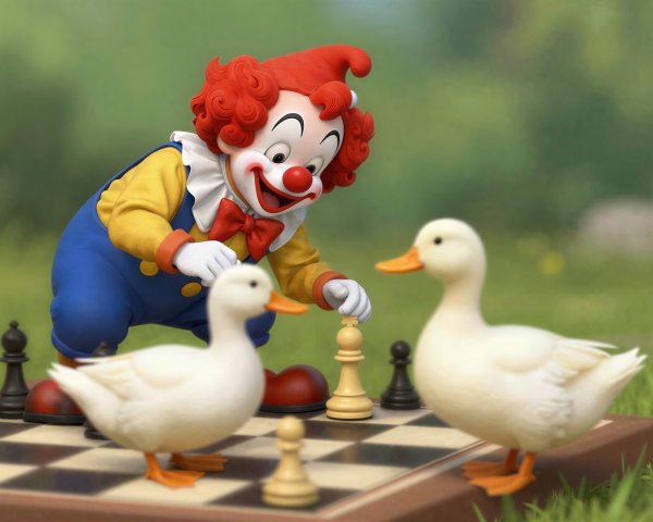 Clown Playing Chess Outdoors with Ducks and Greenery