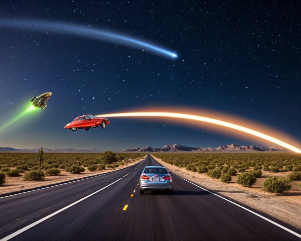 Surreal Night Scene of Car and Spacecraft in Sky