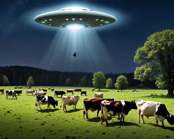 Surreal Night Scene of Cows and UFO on Farm
