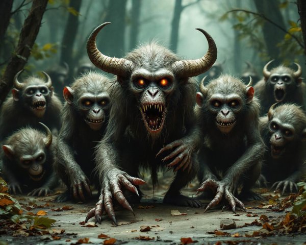 Demonic Chimpanzees in Dark Forest Setting