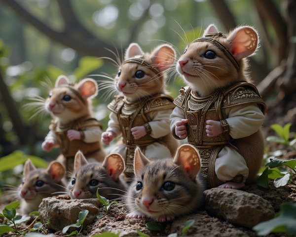 Adorable mice in royal attire in a lush forest scene