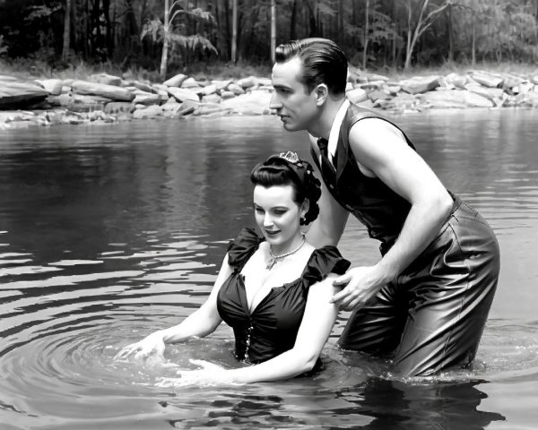 Couple in 1930s Attire by Serene Water Scene