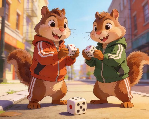 Cartoon chipmunks in tracksuits holding dice on sidewalk