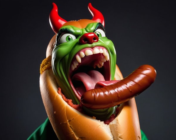 Colorful Hot Dog Devil Character Design Description