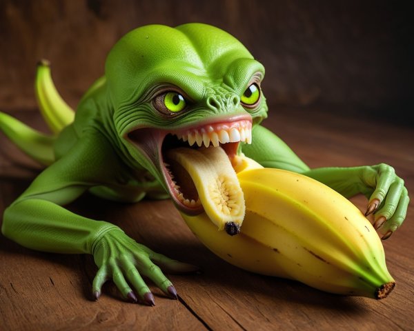 Whimsical Green Lizard Creature Eating a Banana