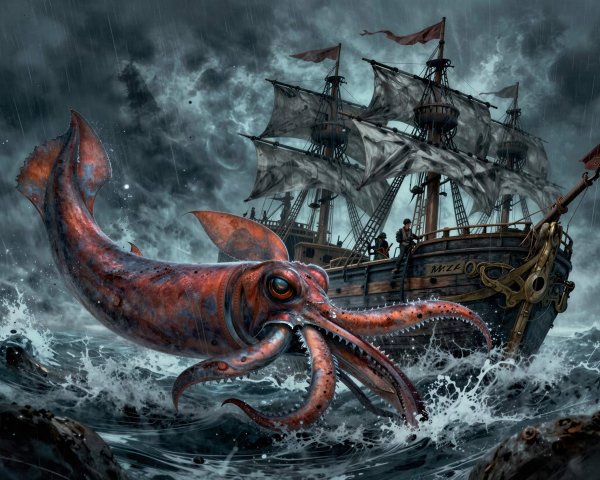 Red Squid Attacks Sailing Ship in Stormy Sea Scene