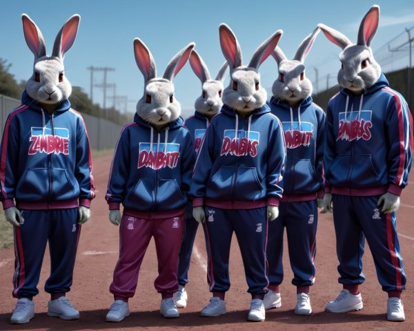 Humanoid Figures with Rabbit Heads in Tracksuits on Track