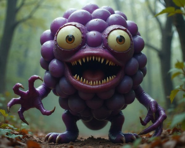 Whimsical Purple Grape Monster in Autumn Forest