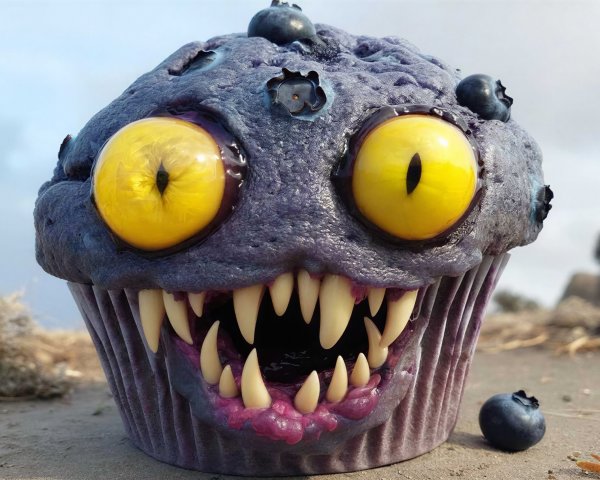 Close-up of a monstrous blueberry muffin with eyes and teeth