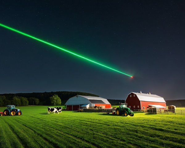 Nighttime Farm Scene with Green Laser and Starry Sky