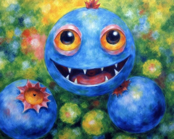 Cartoonish Blue Creature with Floral Background