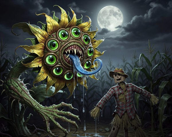 Terrifying Monster Sunflower in a Cornfield Scene