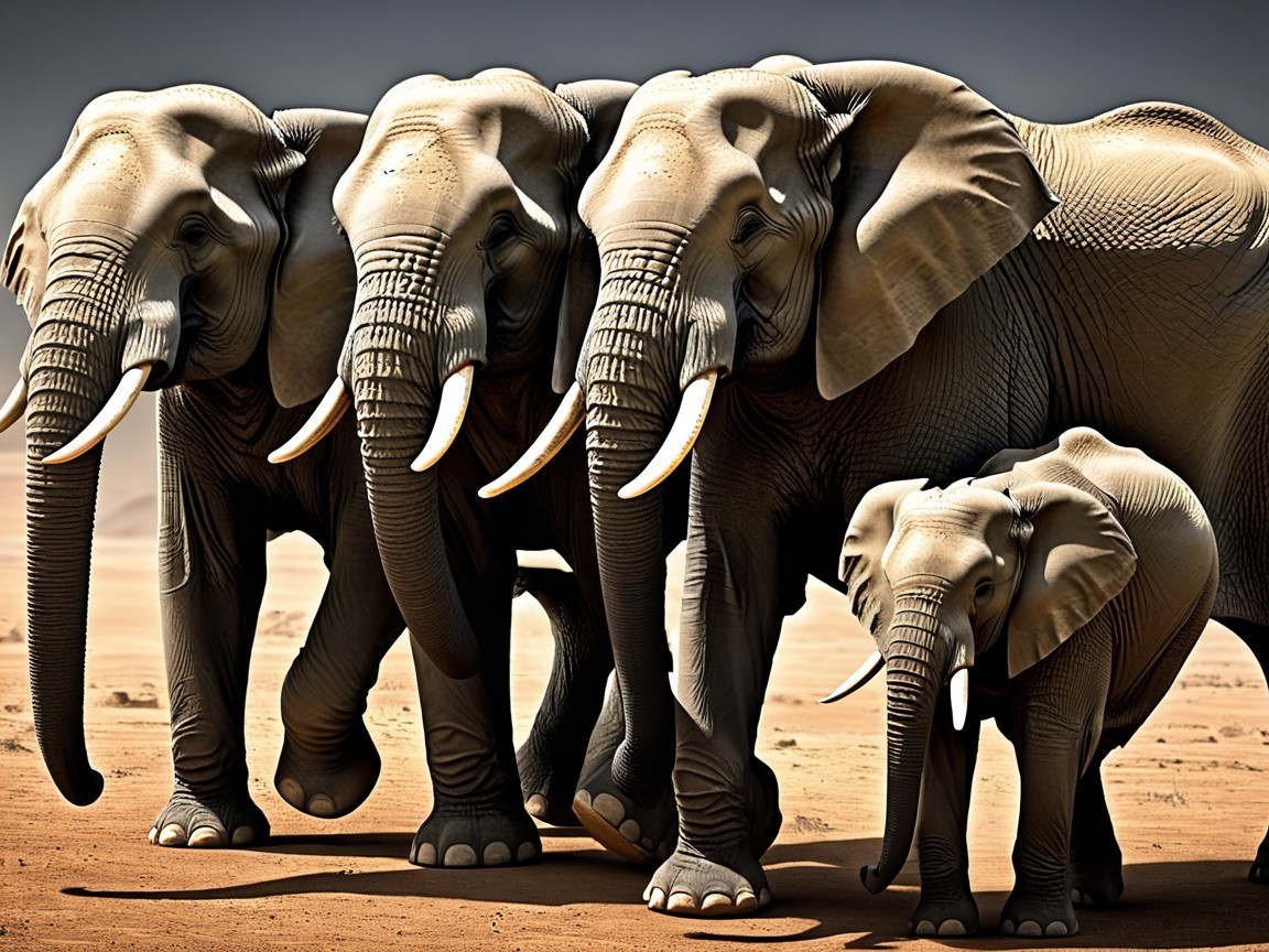 Elephants Walking in Line Against Sandy Backdrop
