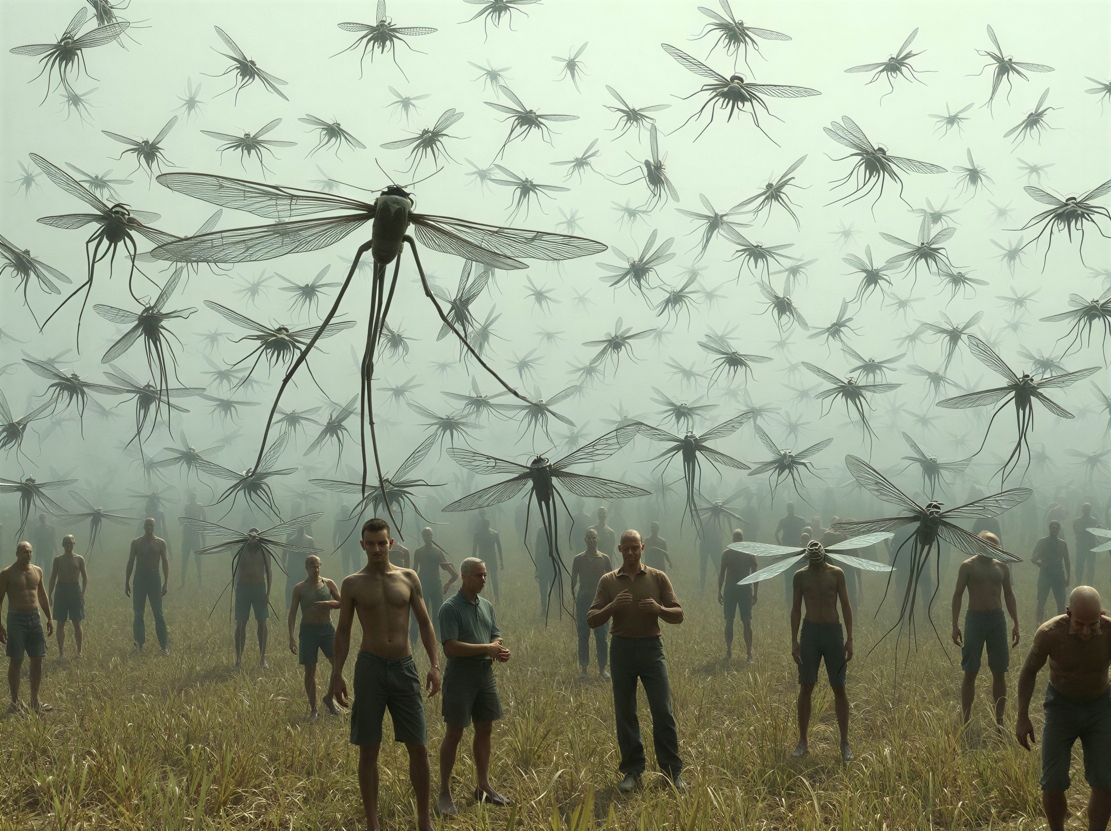 Group of Shirtless Men with Mosquito Heads in Grass
