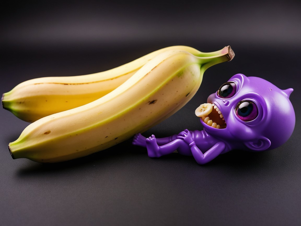 Playful Purple Alien with Bananas in Whimsical Scene